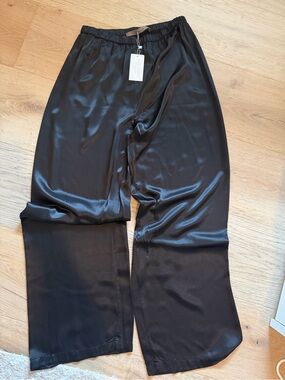 Enza Costa Black Satin Wide-Leg Pants with Elastic Waistband